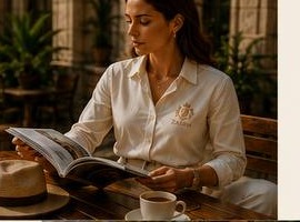 Woman reading at a sunlit café